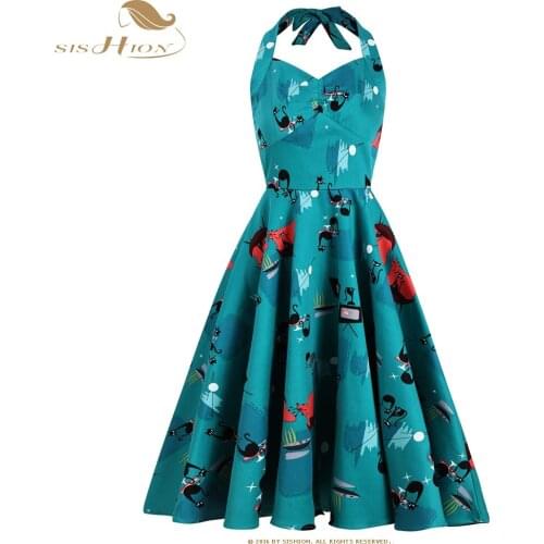 SISHION Cotton Cats and Skull Floral Print Halloween Dress VD2344 Halter Pin Up Elegant Party Sexy Vintage Dress