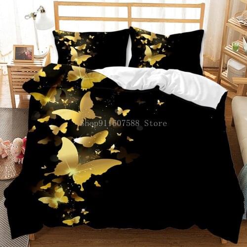 Gold Butterfly Bedding Set Luxury Black Duvet Cover 2/3Pcs Bedclothes 3d Printed Comforter Bedding Sets For Adults Cute Bed Set