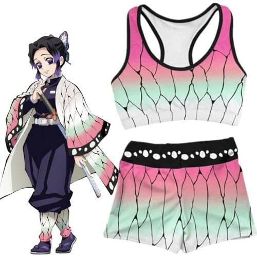 Fitness MMA Boxing Gym Anime Demon Slayer Kochou Shinobu Cosplay Costume Sport Workout Running Short Bra Yoga Suit Tracksuit