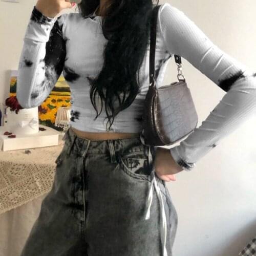 European and American Fashion Sexy Casual Womens Black White Tie-Dyed Round Collar Long Sleeve Tight Short T Shirt