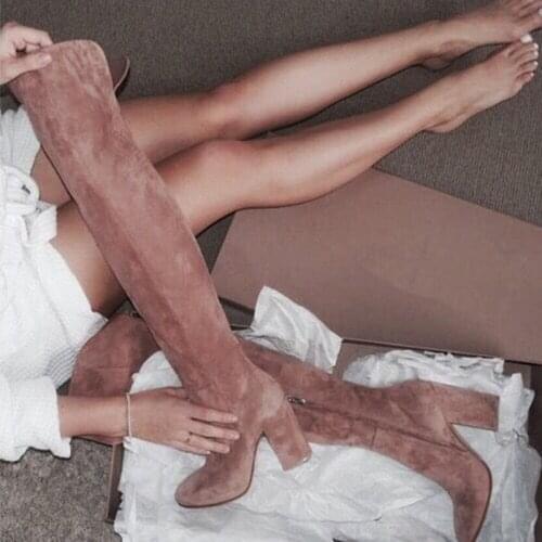 Fashion New Burgundy Women Boots Flock Material Over The Knee Chunky Heels Round Toe Long Boot Winter Warm Ladies Solid Shoes