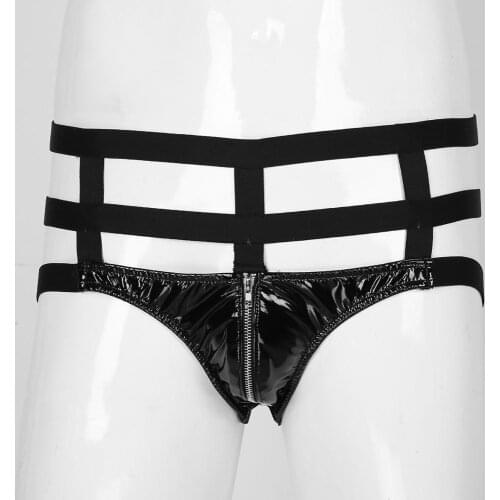 Mens Sexy Knickers Panties Sissy Underwear Underpants Leather Zipper Pouch Jockstraps Open Butt String Homme Thongs 2020 New