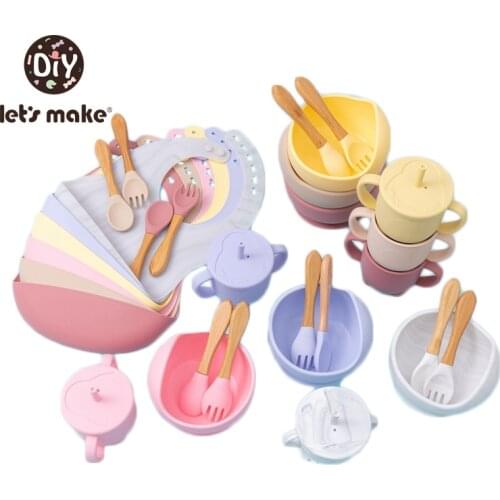 Lets Make Tableware Silicone Bib Sippy Cup Bowl Spoon Fork Non-Slip Feeding Stuff Waterproof Learning Dishes Towel Adjustable
