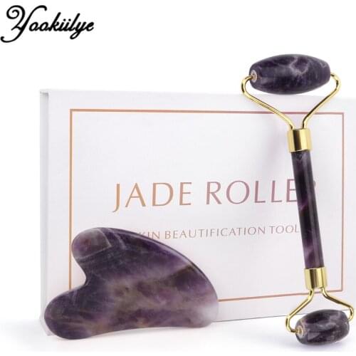 Natural Jade Roller Scraper Massager Amethyst Facial Massage Roller Guasha Set Face-lift Massage Skin Care Tools for Face Back