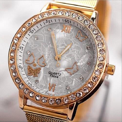 NEW Golden Women Metal Watch casual dress Crystal Girl fashion wristwatch rhinestone Roman quartz nacre shell butterflies A051