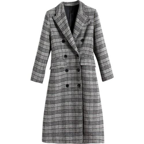 2019 Spring Autumn Womens Wool Plaid Coat New Fashion Long Woolen Coat Slim Type Female Winter Wool Jackets Female Outw