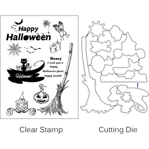 Halloween Black Cat Broom Cutting Dies Clear Stamps For DIY Scrapbooking Decorative Card making Crafts Fun Decoration Supplies