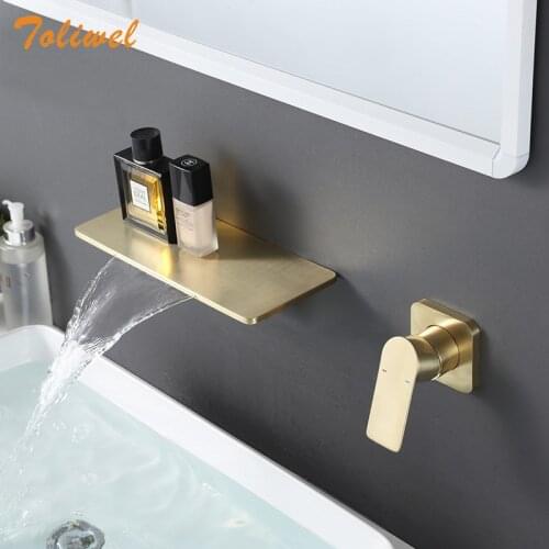 Brush Gold Bathroom Wall Mounted Waterfall Faucet Cold Hot Mixer Taps Basin Sink Faucets Bathroom Shelf Faucet