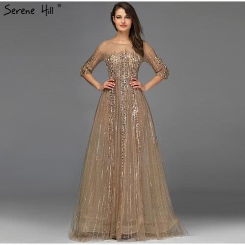 Gold Dubai Design Long Sleeves Evening Dresses 2019 A-Line Luxury Beading Crystal Evening Gowns Real Photo DLA70170