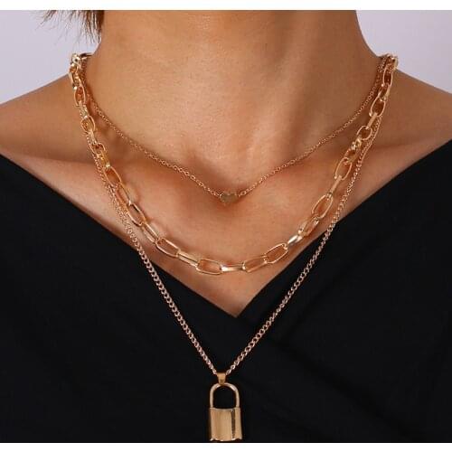 WANGAIYAO2021 New Love Lock Pendant Fashion Multilayer Necklace Female Heart-shaped Lock Alloy Cross Chain Ladies Set Item Jewel
