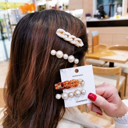 POXAM 1 Set Popular Acrylic Pearl Hair Clips For Women Sweet Girl Simple Korean Hairpin Alloy Handmade hairwear Hair Accessorie