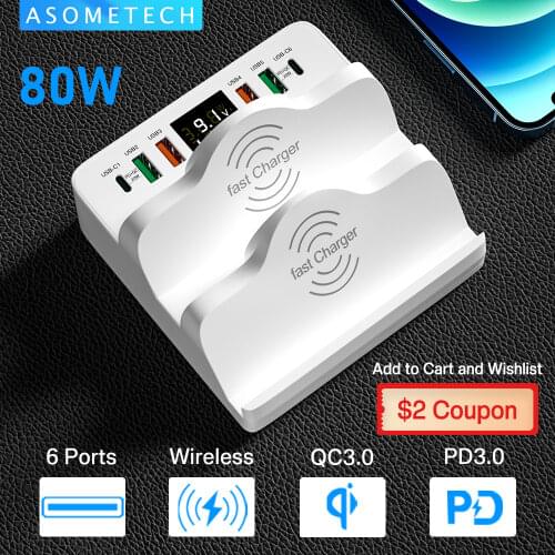 80W Dual PD Charger, Dual Wireless Charger Stand, Quick Charge USB Phone Charger Station For iPhone 12 Xiaomi Fast Charging Hub