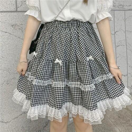 Japanese Plaid Lolita Skirt Women Bow Designer Korean Elegant Party Lolita Skirt Summer 2021 Casual Lace Chic Beach Sweet Skirt