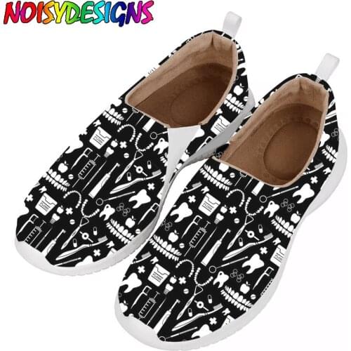 NOISYDESIGNS Black Dental Tools Pattern Flats Shoes for Women Lightweight Breathable Spring Walking Nusing Sneakers Brand Design