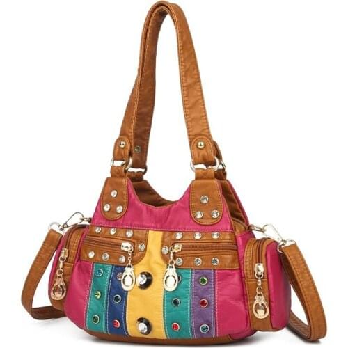 Rivet Women Handbags Rainbow Colors Female Leather Shoulder Bags for Girl Sac Vintage Crossbody Bag for Women Bag Casual Tote