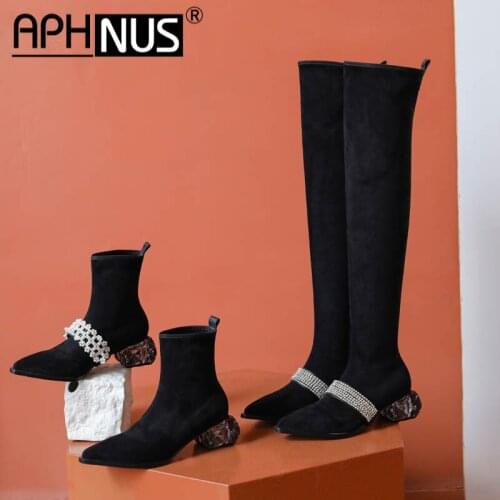 APHNUS Womens Boots Rhinestone Tall Mid Calf Knee Thigh High Leg Low Mid Heels Pumps Woman 2021 Shoes For Women New Belt Buckle