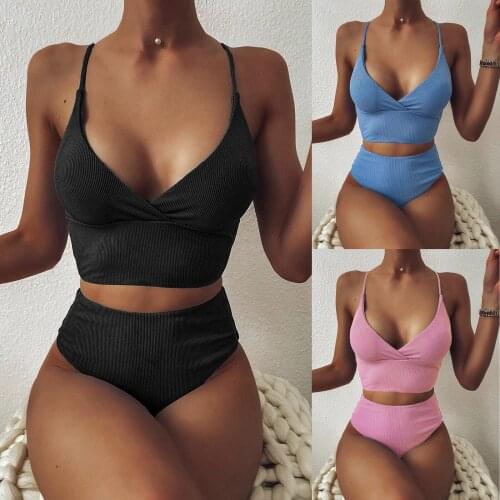 Womens Swimming Suit 2021Women Striped Push Up High Cut Hight Waist Halter Bikini Set Two Piece Swimsuit Swimwear biquinis