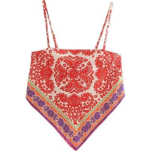 2021 Womens Fashion Sexy Backless Sling Adjustable Short Top Red Printing Knot Decoration Vintage Female Sling Top