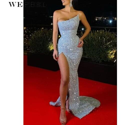 WEPBEL Women Elegant Sequins Party Evening Dress Ladies Sexy Strapless Off Shoulder Corset Long Bodycon Dress Prom Gown
