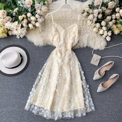 Summer Fashion Women Dress Sexy Gauze Spaghetti Strap Ladies Dress Backless Sleeveless Slim Embroidery Sequined Slip Dress