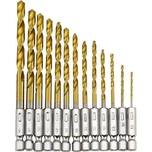 13PCS/set 1/4 Hex Shank 1.5-6.5mm Power Tool High Speed Steel HSS Titanium Coated Drill Bit Tungsten Carbide Twist Drill Bit