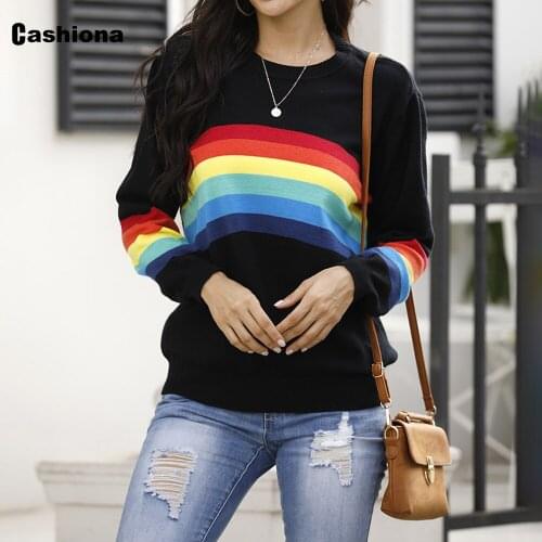 2020 Fashion Tops Women Autumn Casual Slim Sweaters Long Sleeve Rainbow Print Knitted Sweater Pullovers Winter Warm Clothes