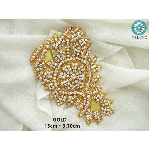 30pcs) Hand beaded AB Rhinestone applique patch gold crystal applique iron on for wedding dresses WDD0956