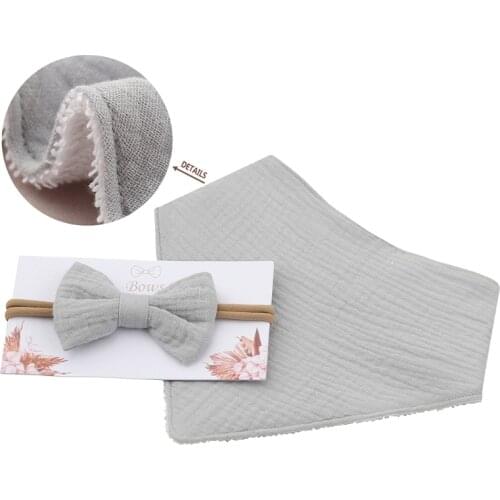 P31B Princess Bowknot Hair Band Bib Kit Pure Cotton Solid Color Baby Girls Elastic Bow Headband Saliva Towel Set