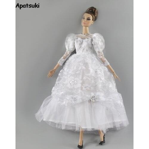 White Lace Lantern Sleeve Wedding Dress Clothes for Barbie Doll Outfits Evening Party Dress for 1/6 BJD Doll Best Gift for Girls