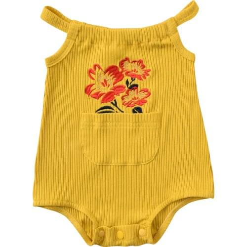 2021 0-24M Cute Infant Baby Girl Playsuit Floral Embroidery Sleeveless Yellow Knitted Romper Summer Girl Clothes