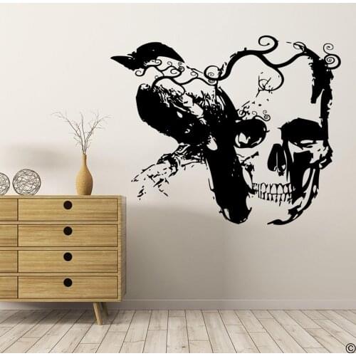 Graffiti Raven Skull Branch Wall Sticker Living Room Banksy Birds Crow Skeleton Street Art Wall Decal Playroom Vinyl Decor