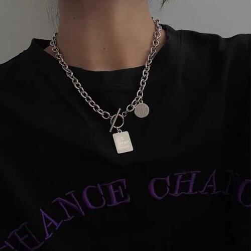 Harajuku Dark Style Hiphop Round Square Combination Letter Stainless Steel Choker Titanium Steel Men and Women Choker OT Chain