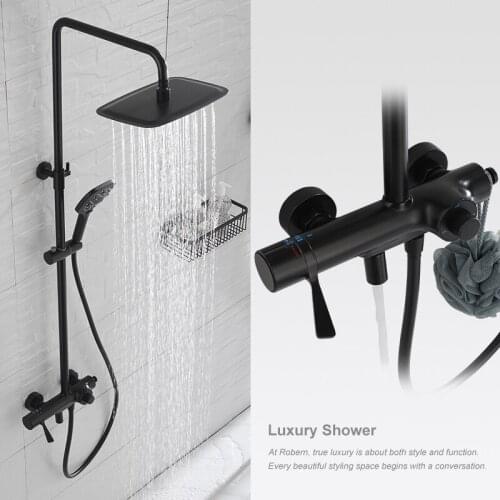 Black Shower Faucet Thermostat Control Chrome Shower Set Rotatable with lifting Waterfall Rain Shower System bathtub faucets