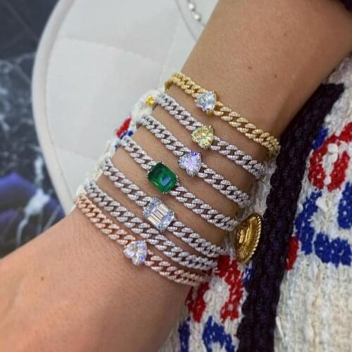 Trendy Pink Big Heart Bracelet Bangle Women Wedding Jewelry AAA Cubic Zircon Pave Miami Chain Link Punk Hiphop Romantic Bracelet