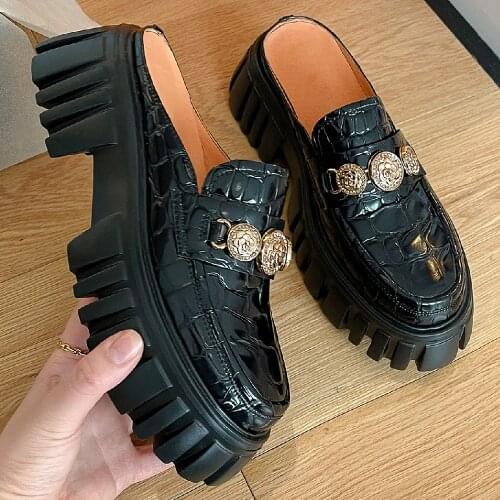 Womens genuine leather thick sole platform flats slides round toe casual punk female summer mules buttons casual daily shoes