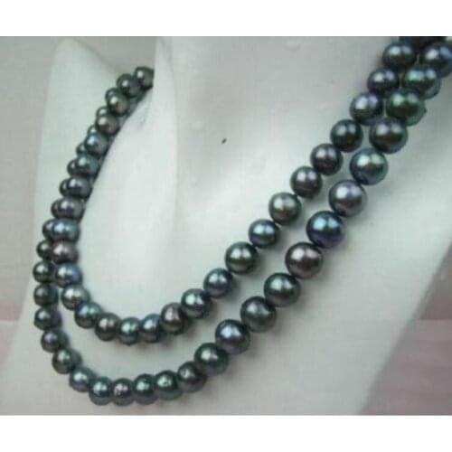 NATURAL 8-9MM TAHITIAN BLACK CULTURED PEARL NECKLACE 36 Inch 50" AAA