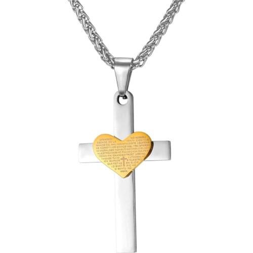 Collare Heart Bible Cross Necklaces & Pendants Stainless Steel Gold Color Men Christian Jewelry Wholesale Necklace Women P148