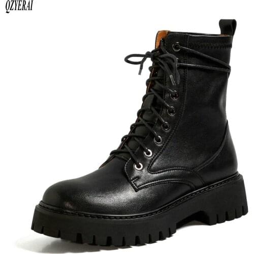 QZYERAI black Riding boots Genuine leather Female boots lace-up Womens boots Autumn winter cowhide Womens shoes Size 34-40