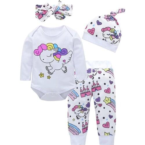 TELOTUNY baby girl clothes 4pcs Baby Girls Boys Clothes Set Cartoon Romper+Pants+Hat+Headband Outfits for baby girls 1016