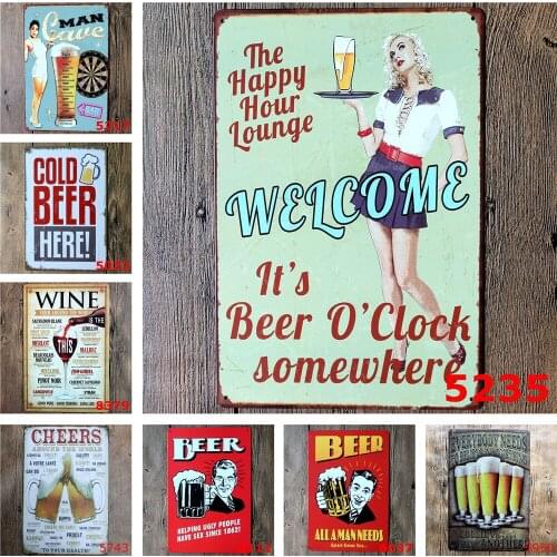 Vintage Metal Tin Sign of Welcome The Happy Hour Lounge Its Beer 0'clock Somewhere Cold Beer Wine Cheers for Bar Decoration