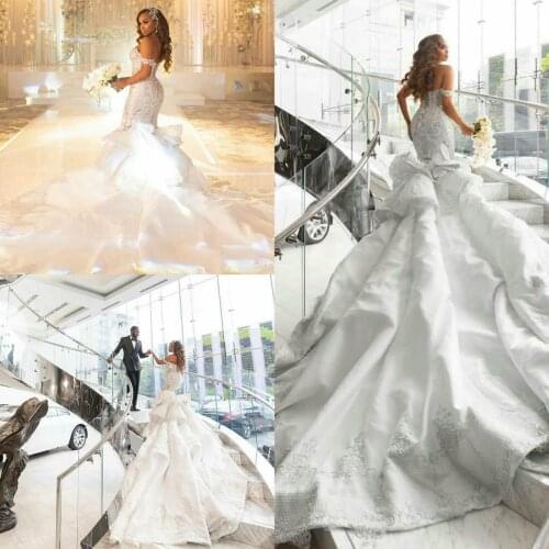 South African Mermaid Wedding Dresses Plus Size Off Shoulder Long Train Black Girls Robe De Mariee Lace Beaded Wedding Gowns