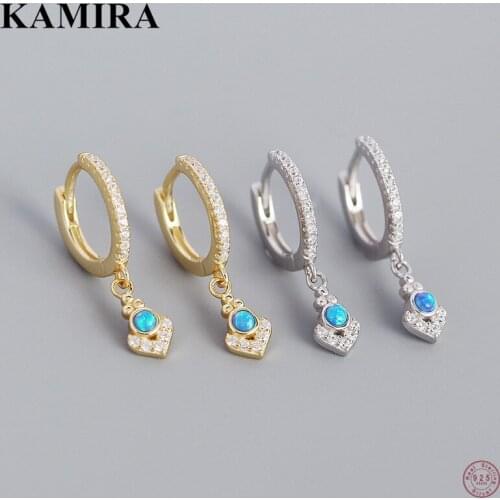 KAMIRA 925 Sterling Silver Fashion Ocean Blue Zircon Dangle Huggie Stud Earrings for Women Birthday Charms Bohemian Fine Jewelry