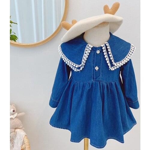 Double Layers Lace Collar Girls Dress Long Sleeve Kids Denim Dress Spring Fall Princess Costumes School Girls Clothes 1-7Yrs
