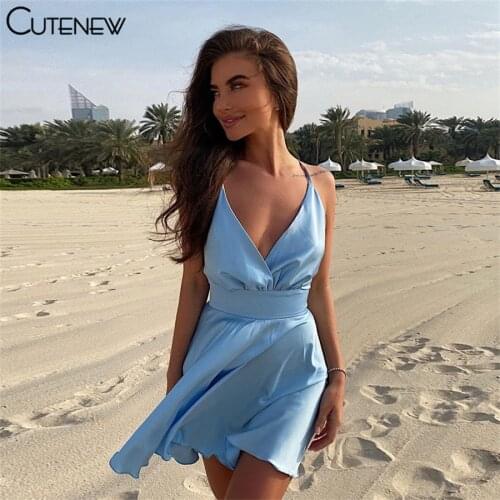 Cutenew Solid Sexy Backless V-Neck Sling Mini Dress Womens Outfits Summer Casual A-Line Beach Vacation Lady Dresses Streetwear