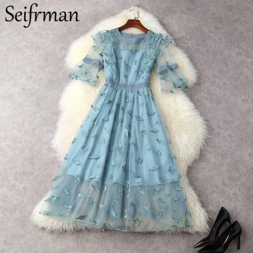 Seifrmann New 2021 Summer Women Fashion Runway Mesh Midi Dress Flare Sleeve Ruffles Elegant Embroidery Print A-Line Midi Dress