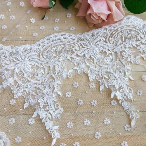 23cm width (1yard/lot) Cream White Embroidery Lace Trim with Beautiful Embroidered Flower for Bridal Wedding Dress Z159