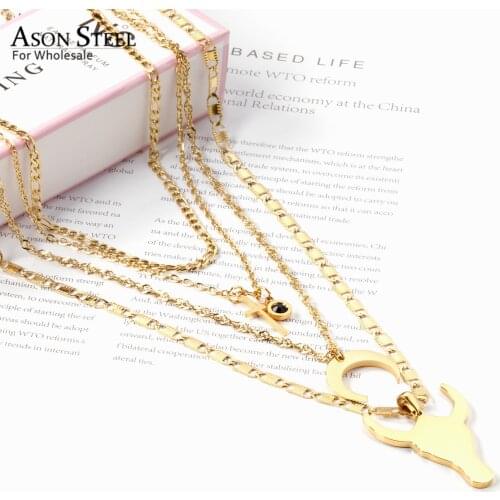 ASONSTEEL Stainless Steel Gold Color Cross Moon Bull Head Pendant Multi Layer Necklace for Women Fashion Choker Jewelry