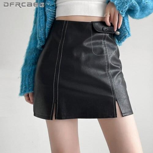 Black Sexy Women Leather Bodycon Mini Skirt 2021 Autumn Hight Waist Slim Clubwear Lady Split Washed Short Pu Skirts