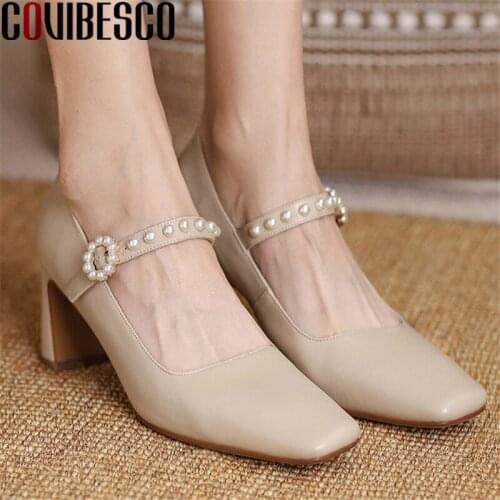 COVIBESCO Women Pumps Spring Summer Elegant Classic Pearl Mary Janes Thick Heels Genuine Leather Office Lady Party Shoes Woman