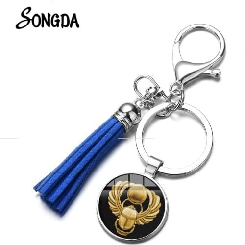 Egyptian Scarab Leather Tassel Keychain Symbol of Strength Ancient Egypt Pendant Charm Handmade Alloy Key Rings Trinkets
